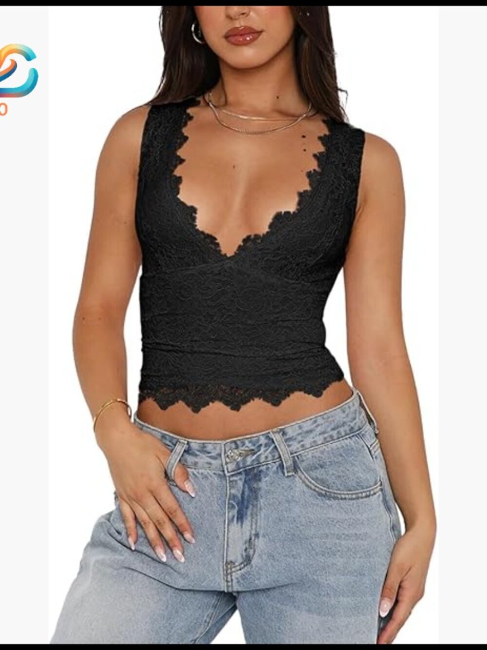 Sexy V-Neck Lace Cropped Tank Top Double Lined Y2K Trendy Sleeveless